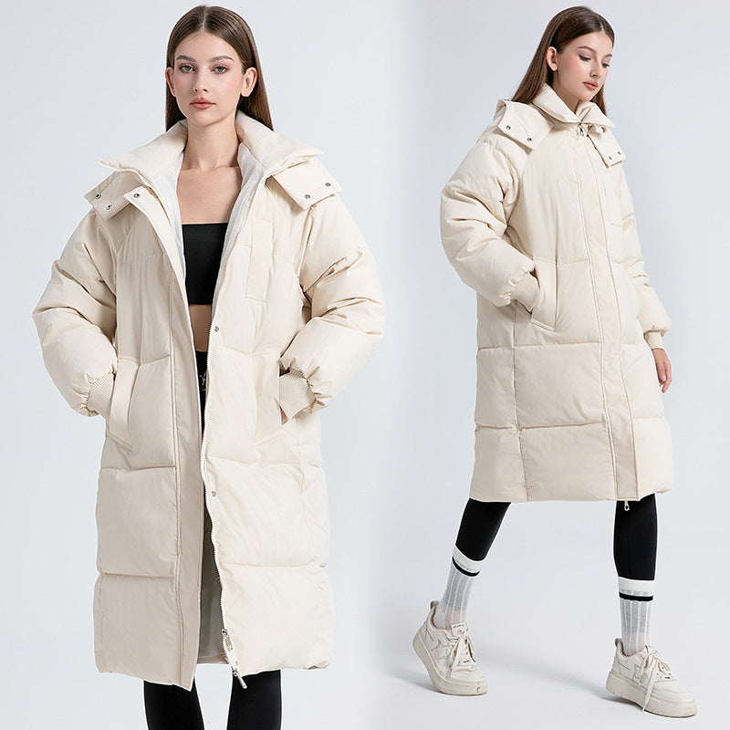 Women’s long hooded puffer cotton coat in off-white, zip front, oversized collar.