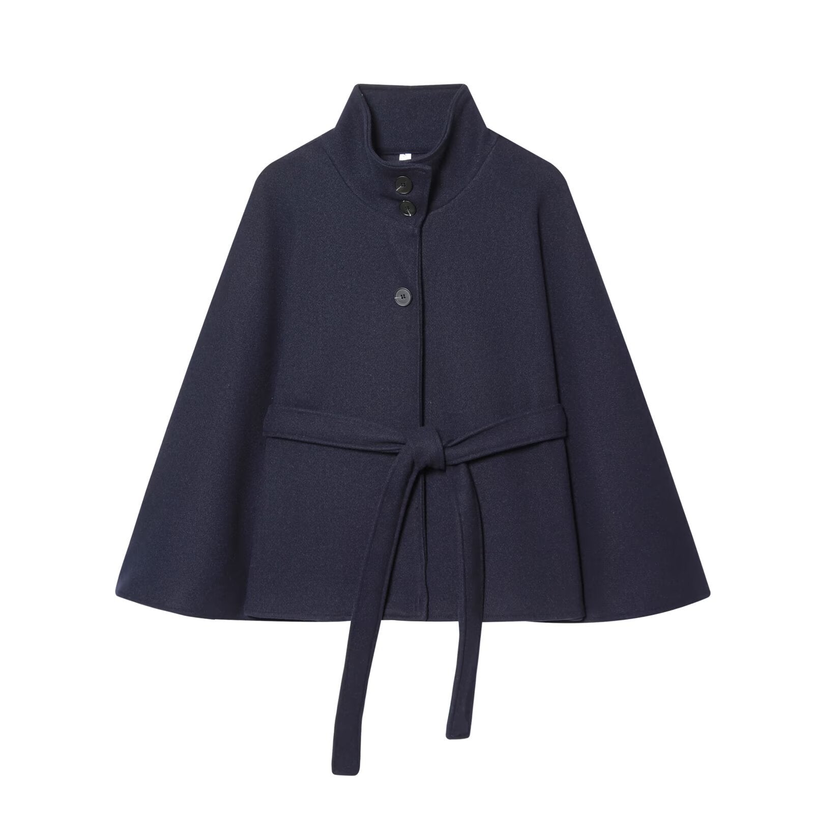 Dark blue high-neck cape-style wool coat with button front and waist tie