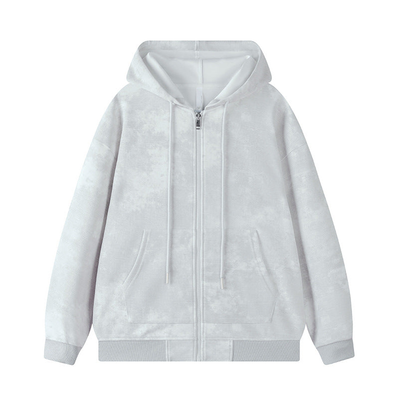 Light gray hooded zip cardigan sweatshirt with drawstring hood and front pockets