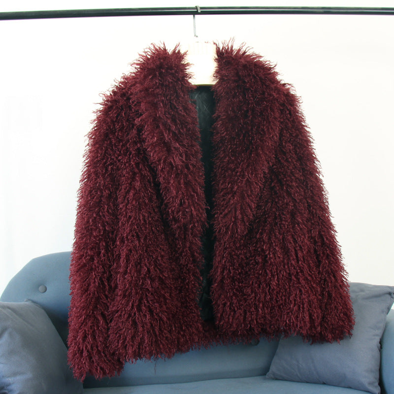 Burgundy faux shearling fur coat, open front with wide lapels, shaggy texture