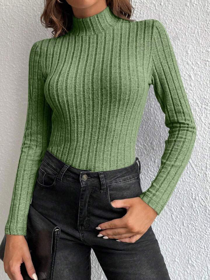 Green ribbed knit mock-neck long-sleeve fitted pullover sweater base shirt