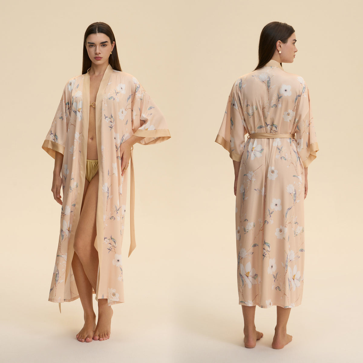 Peach satin long robe with blue floral print, tied belt and airy kimono sleeves