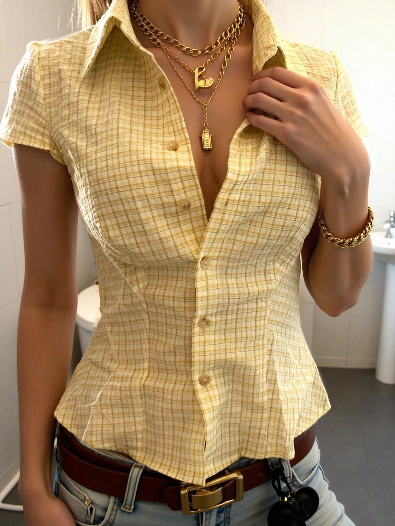 Plaid Short Sleeve Blouse for Women — Fitted Retro Button Front Top in Cotton