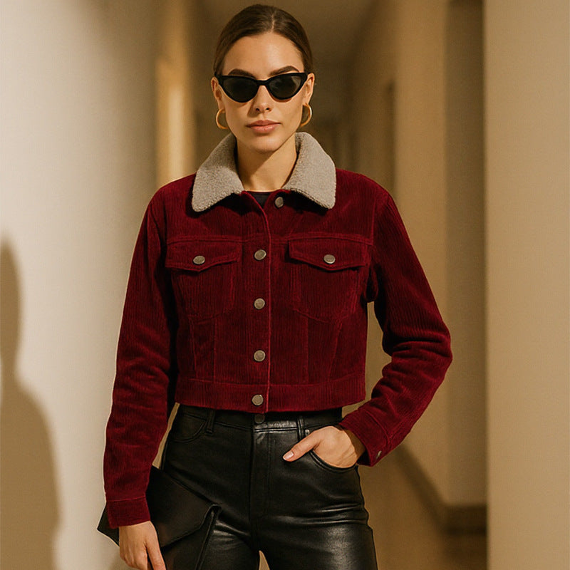 Burgundy corduroy cropped trucker jacket with sherpa-style collar and button front