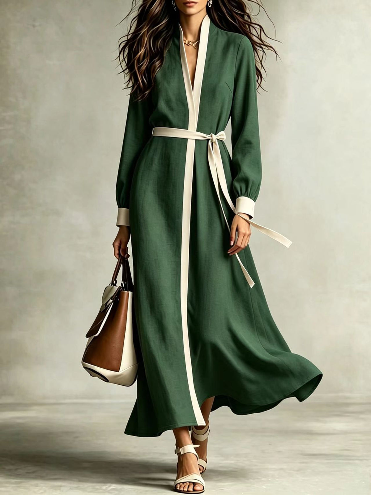 Dark green women's V-neck tie-waist long-sleeve maxi dress with flowing skirt