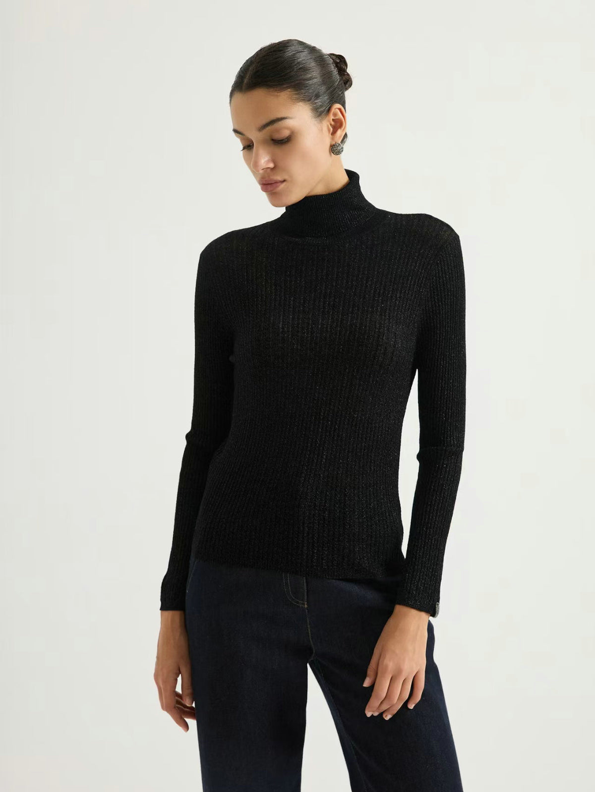 Black women’s high-neck knit sweater, slim fit, long sleeves