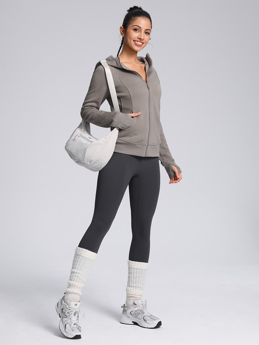 Gray zip-up hooded athletic jacket with front pockets and ribbed cuffs