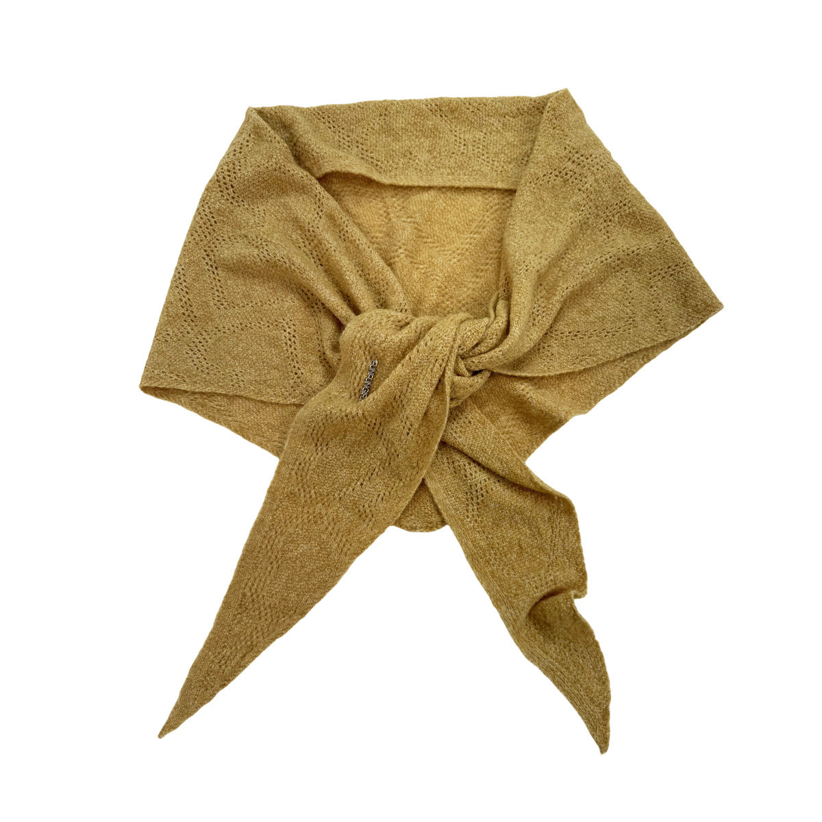 Wool triangle scarf with tied bow, hollow-knit texture, khaki brown color