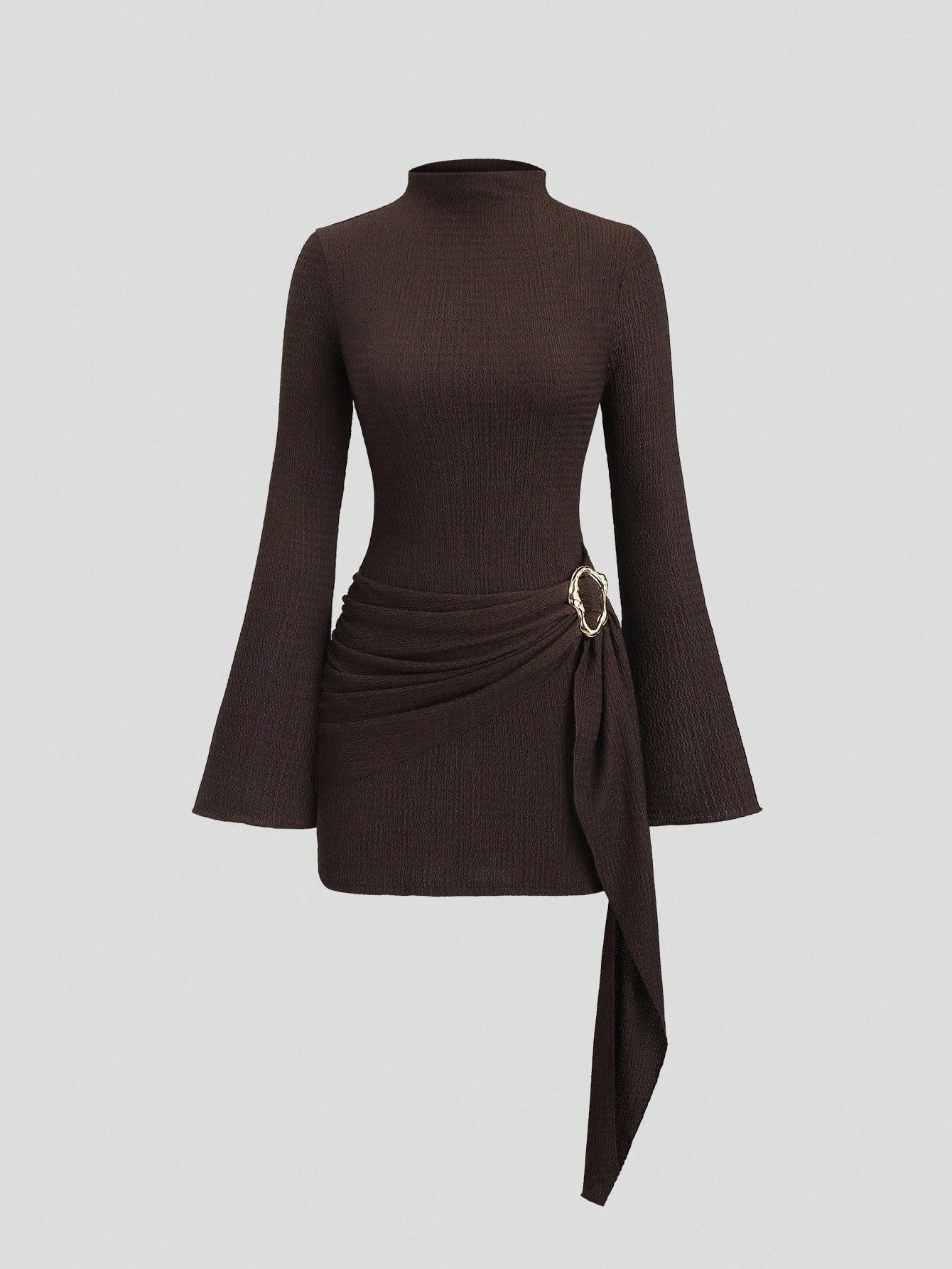 Bell Sleeve Mini Dress — Mock Neck Draped Sash Bodycon Style in Ribbed Knit