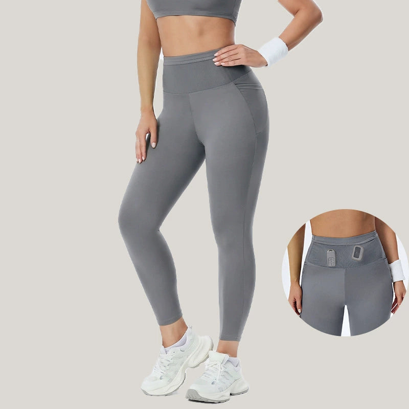 High-waisted gray leggings with pockets, full-length slim fit