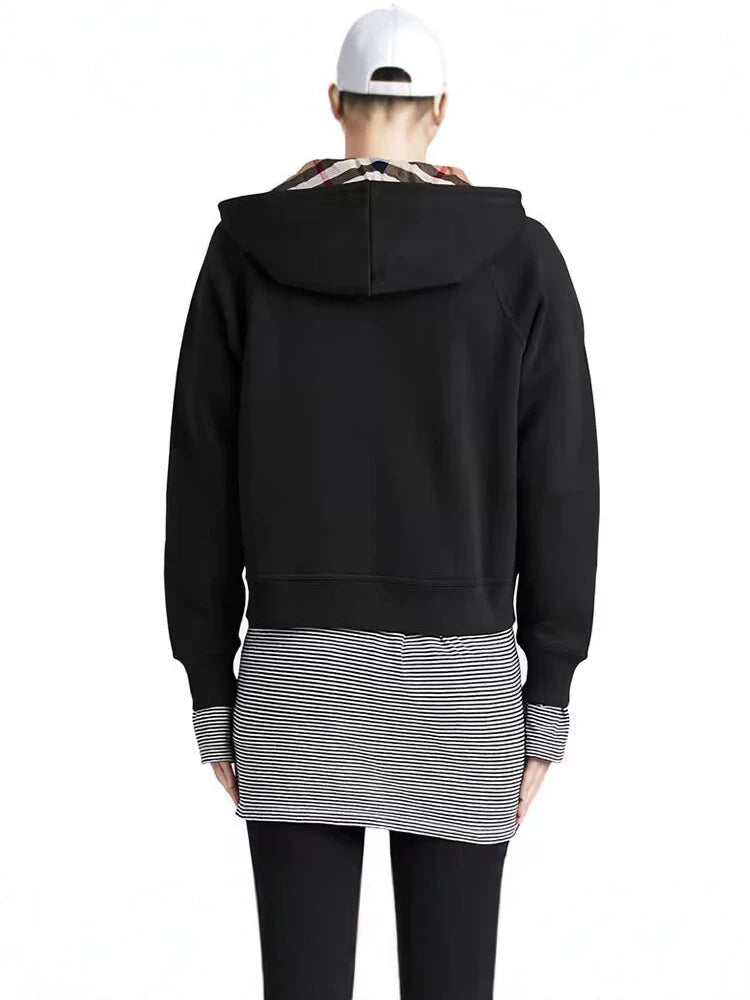 Black zip-up hooded sweatshirt jacket, back view with striped hem and hood.