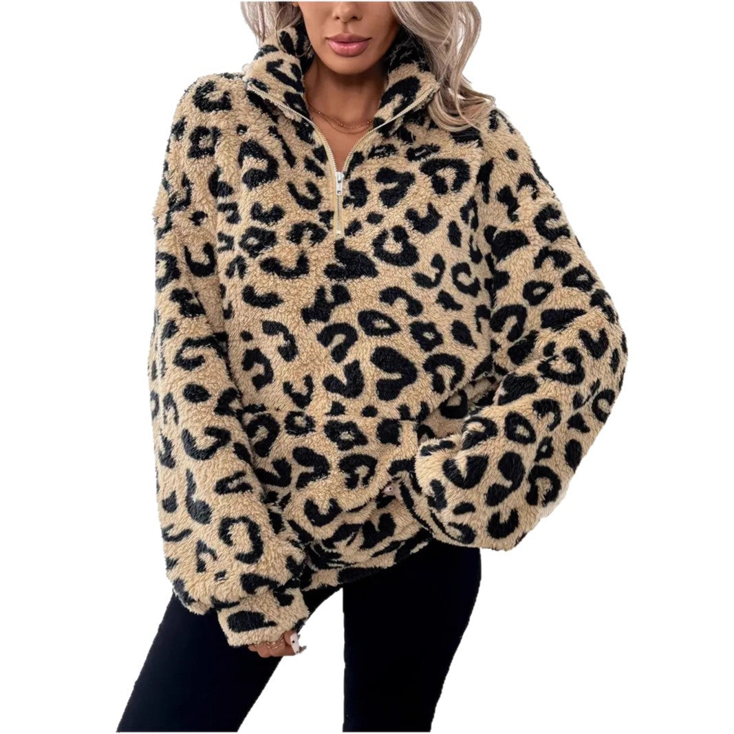 Leopard print zip-up fleece sweatshirt with front zipper and front pockets