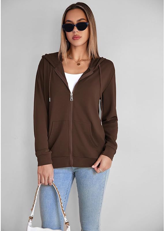 Brown zip-up hoodie with hood and front kangaroo pocket