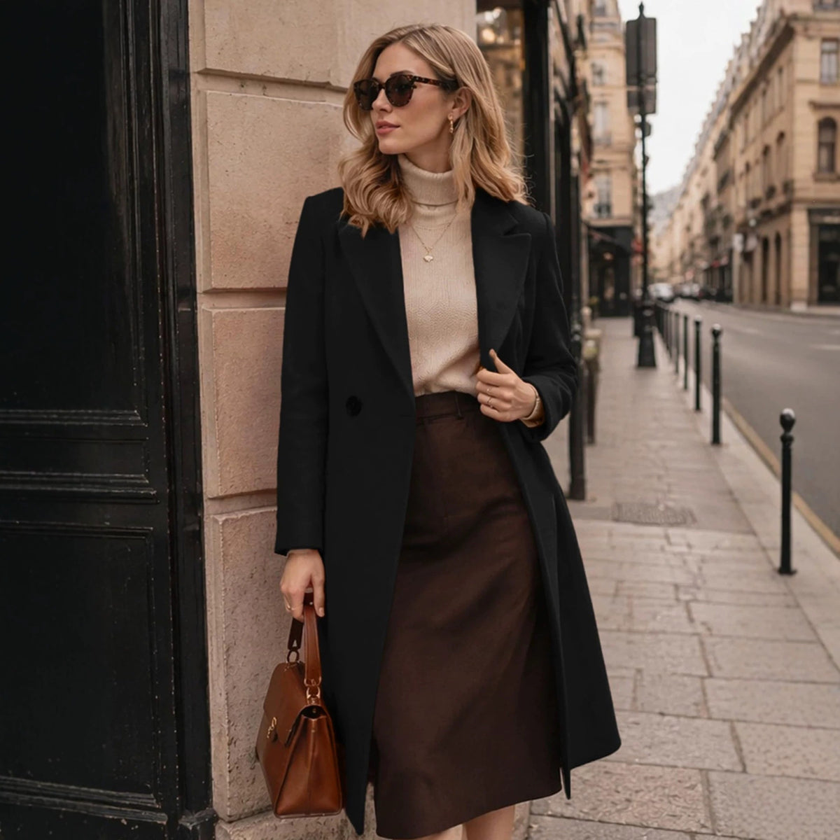 Long black single-button coat with notched lapels and a straight silhouette.
