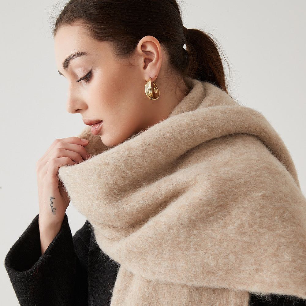 Women’s wool hair scarf, taupe/beige solid wrap with soft fluffy texture