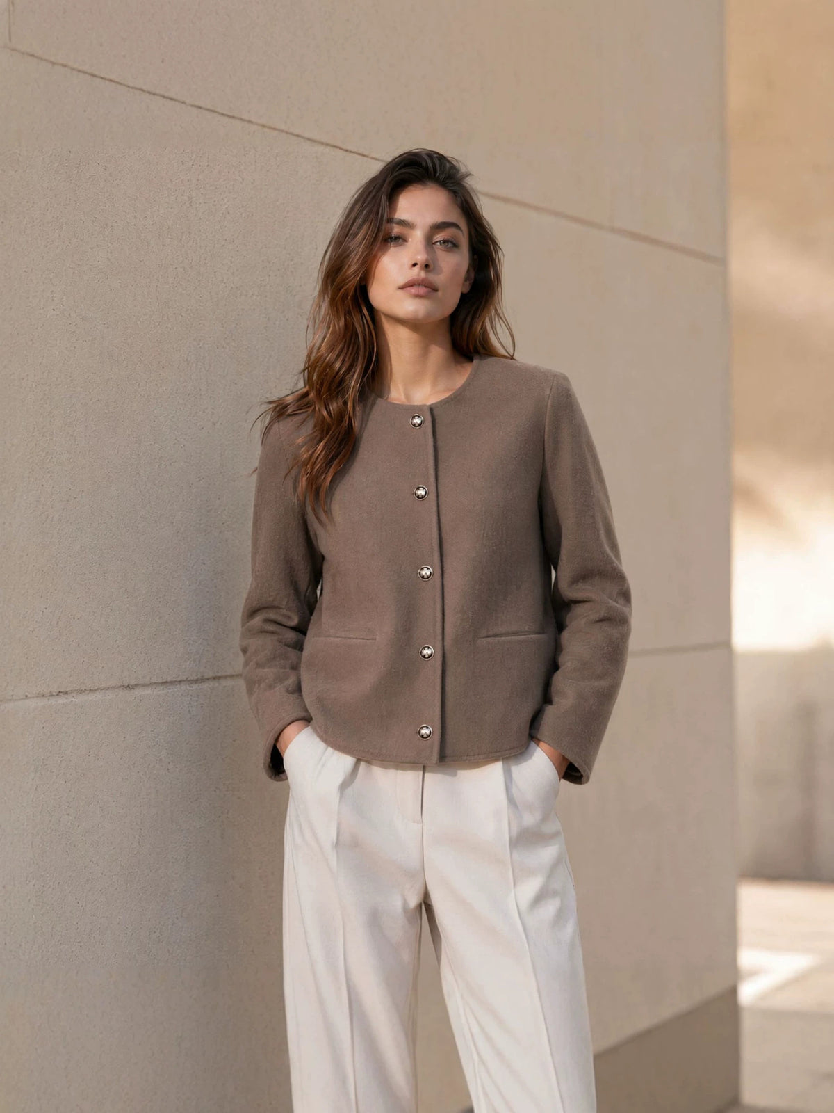 Wool Jacket for Women — Collarless Boiled Wool Style with Gold Buttons
