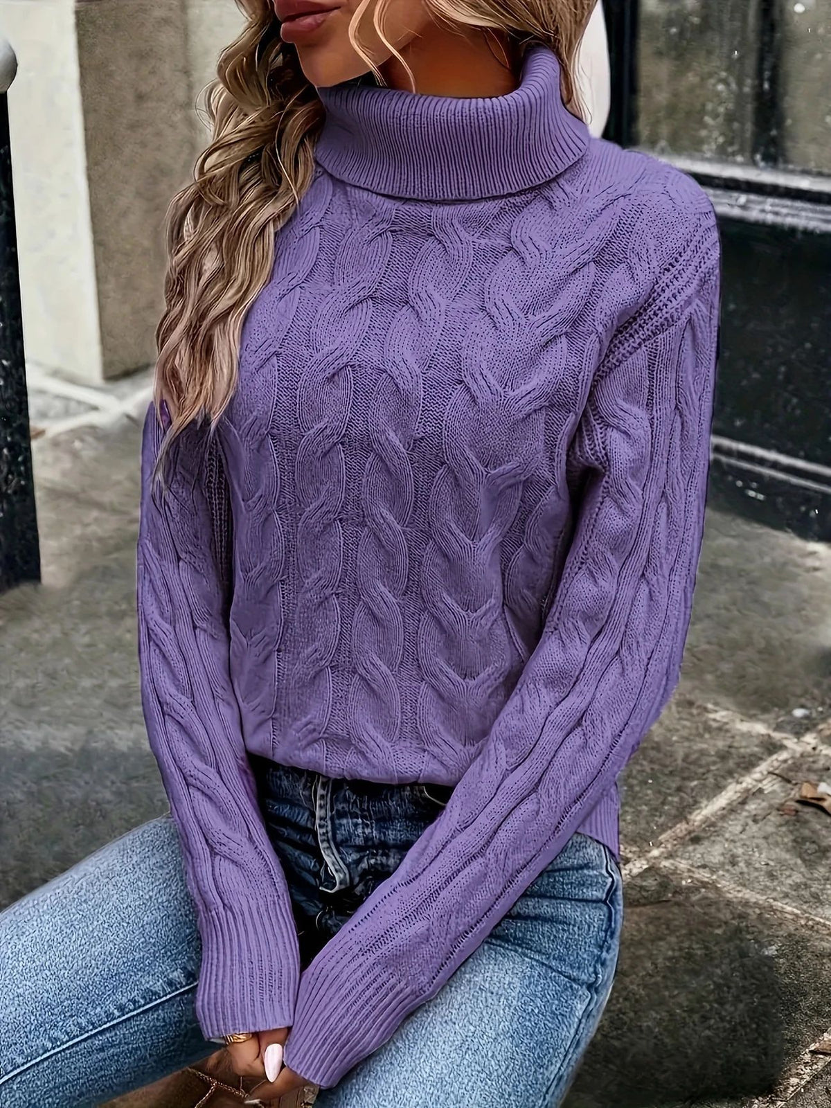 Purple knit turtleneck sweater with long sleeves and cable twist textured knit