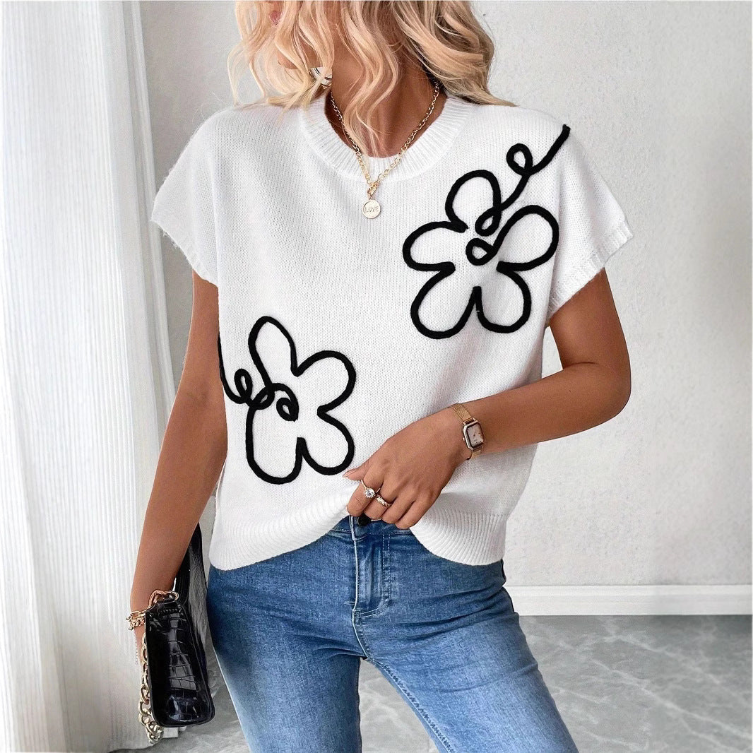 Floral Embroidered Knit Top for Women — Relaxed Cap Sleeve Sweater Style in Cotton