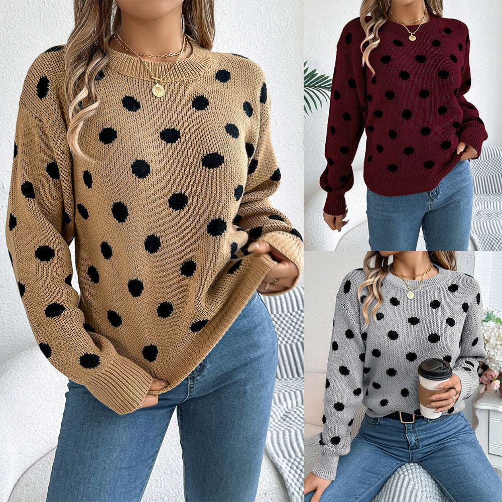 Women's polka-dot knit pullover sweater, khaki with black dot pattern and long sleeves.