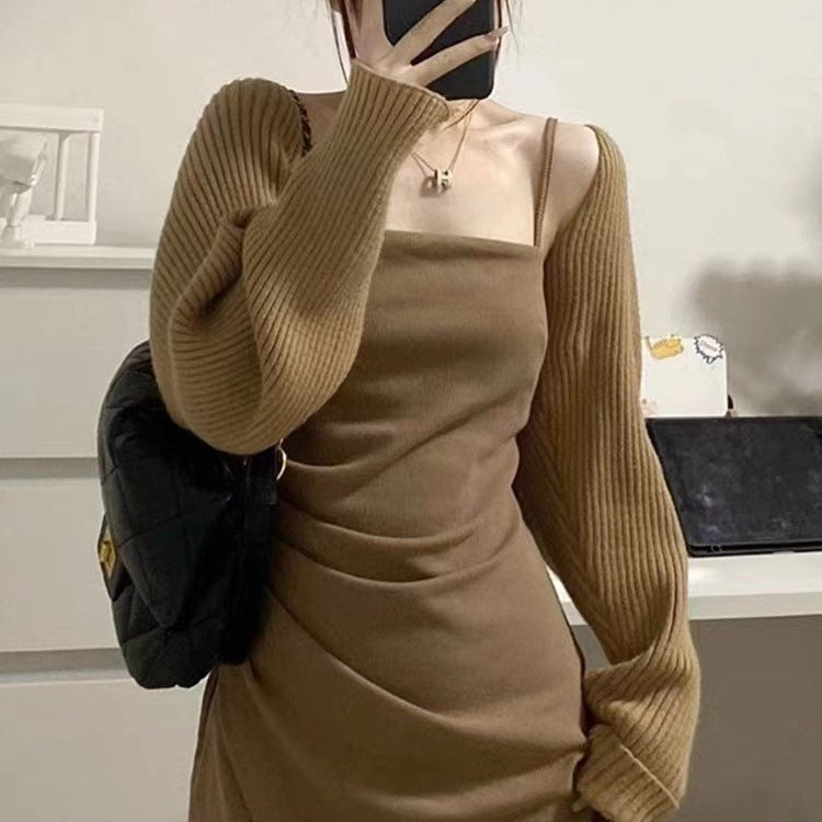 Cropped wool cardigan, khaki open-front bolero with batwing sleeves, ribbed knit cardigan