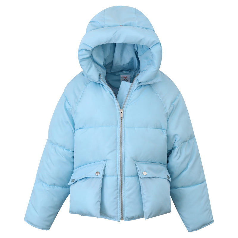 Light blue hooded puffer coat with full zip front and large snap pockets