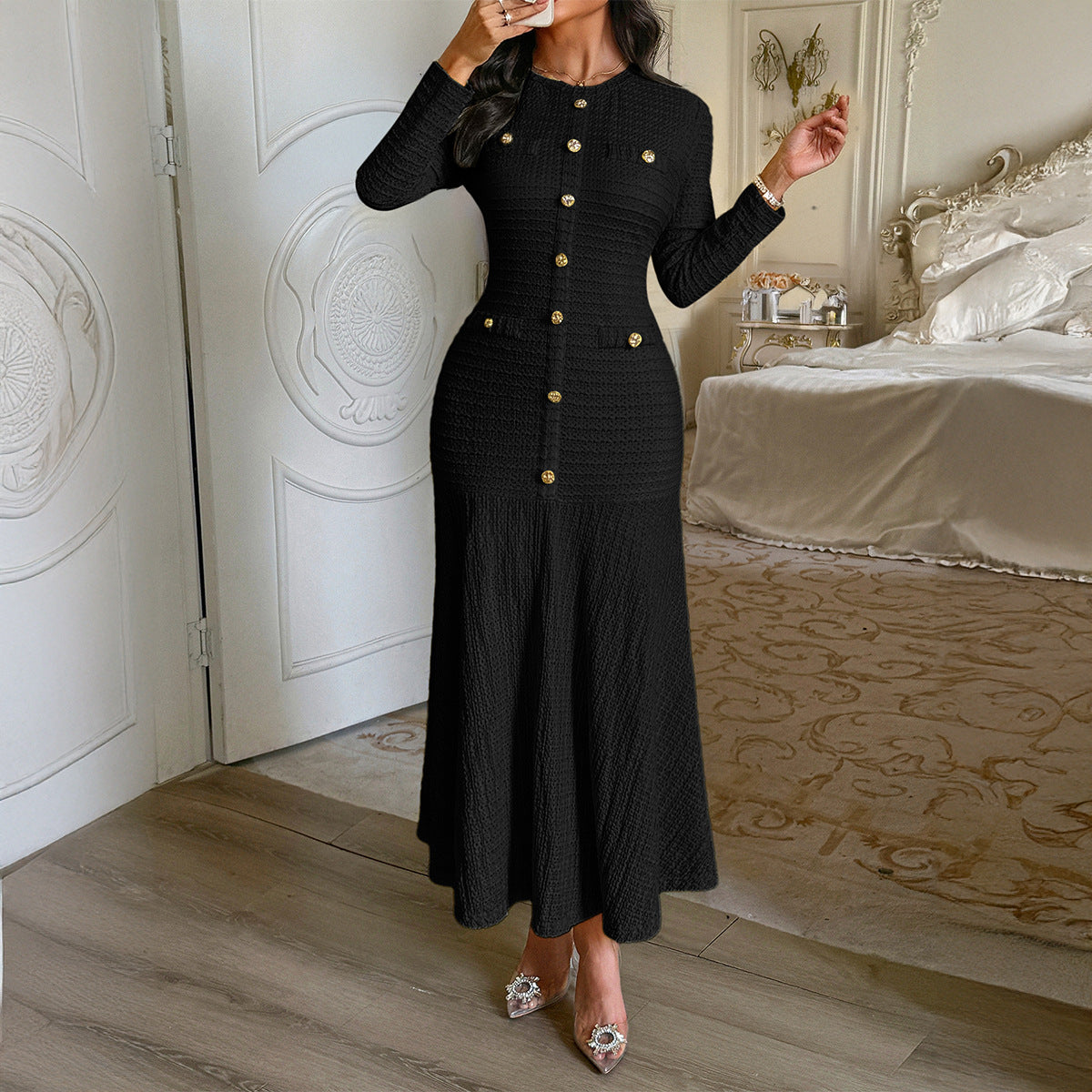 Knit Maxi Dress with Button Front — Elegant Long Sleeve Fit and Flare Silhouette