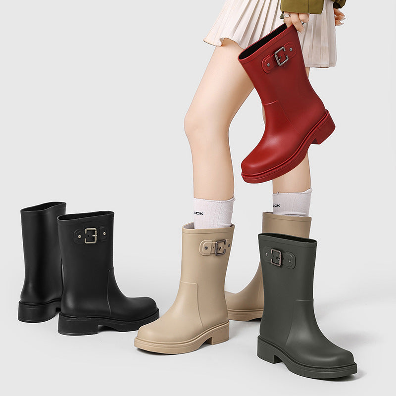 Set of women's mid-calf rain boots in red, black, beige, and dark green