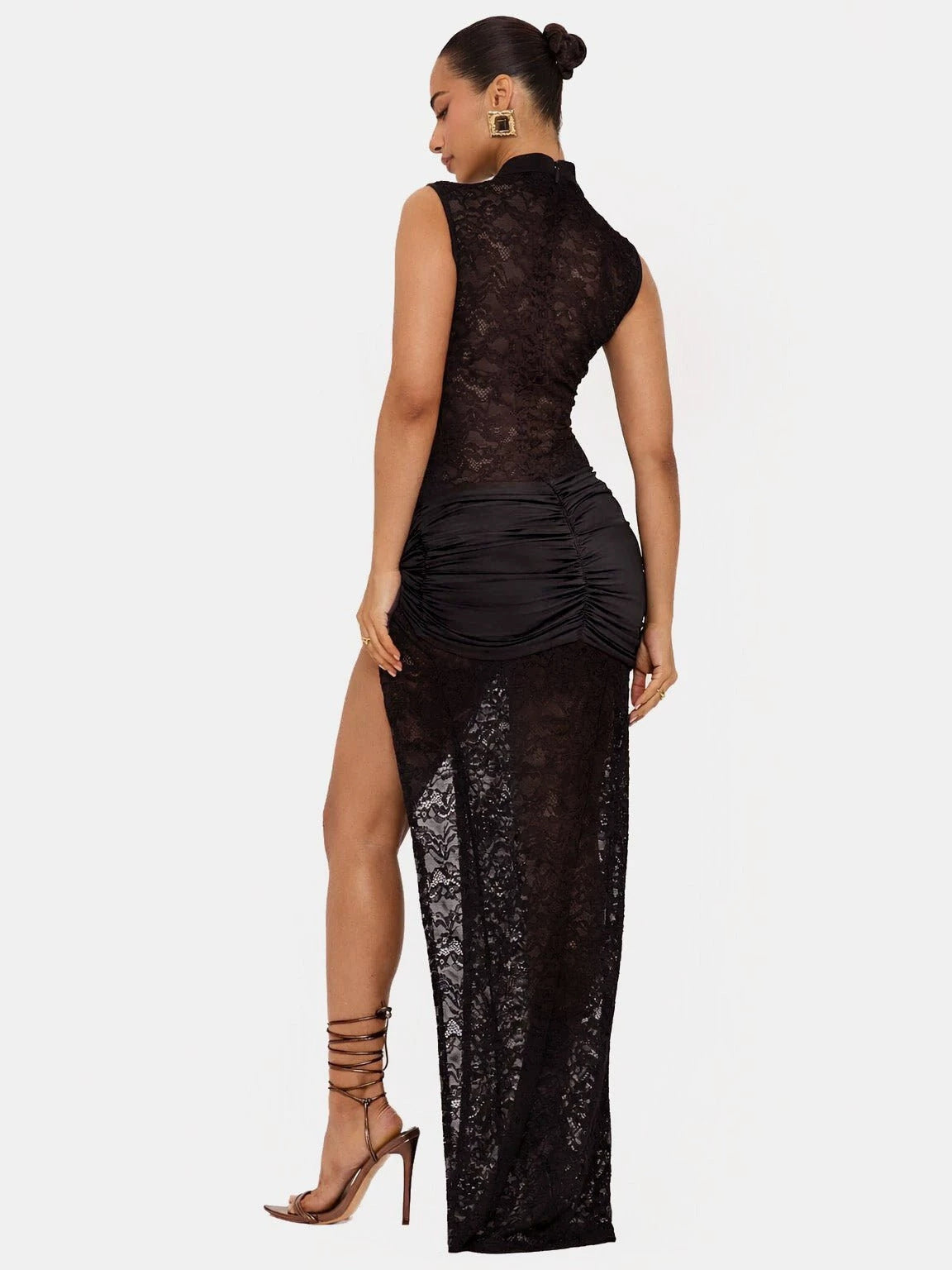Black lace long dress, sleeveless cut, backless lace panel and high-slit skirt.