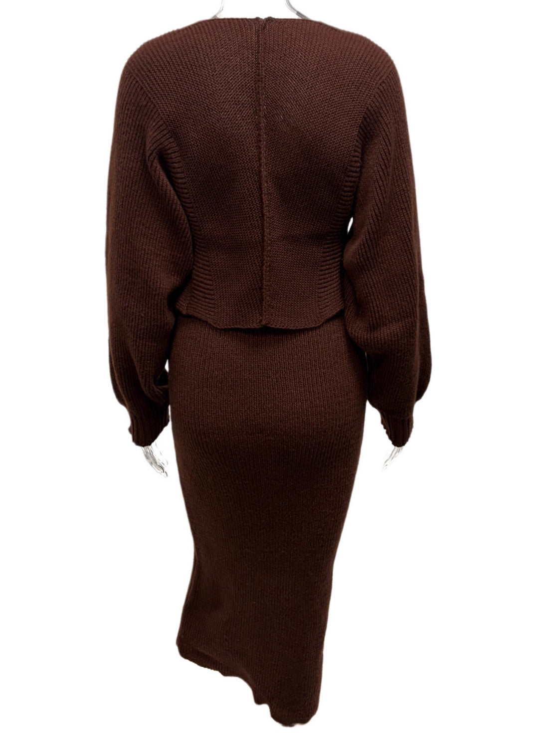 Brown knit cardigan and midi dress two-piece set, back view on mannequin