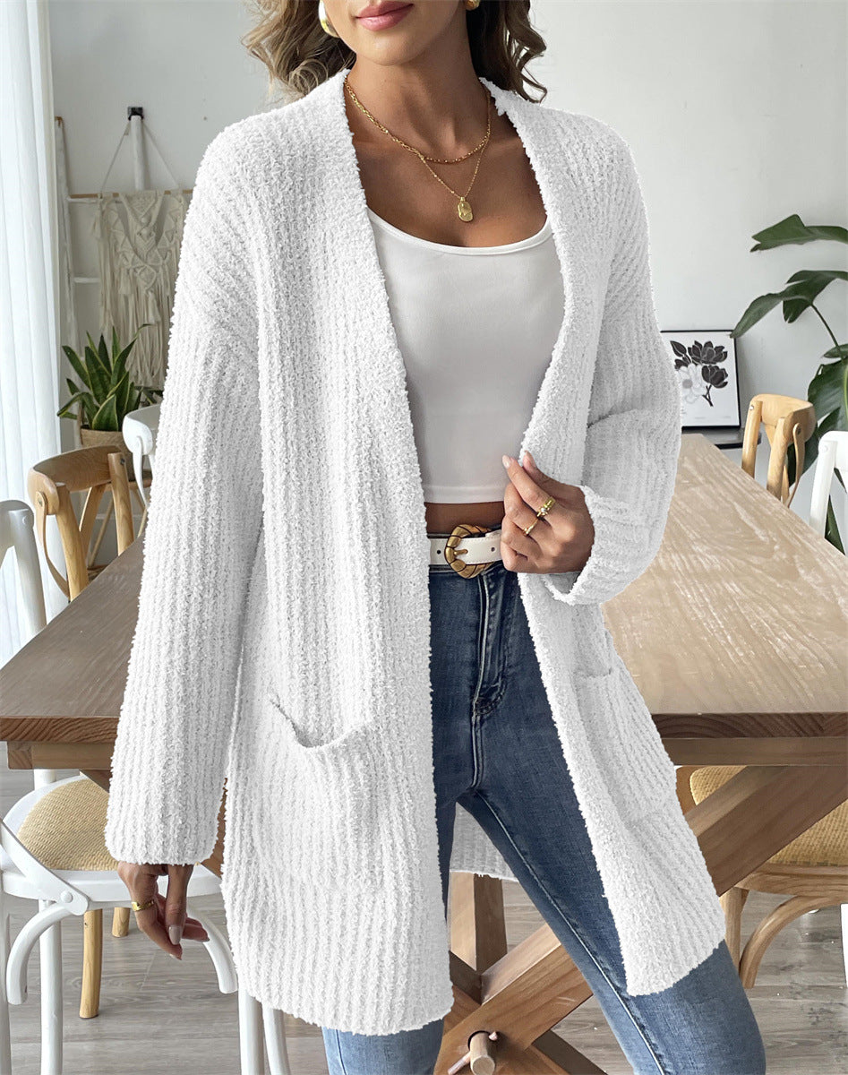 Women's white plush knit cardigan, open front, long sleeves, patch pockets