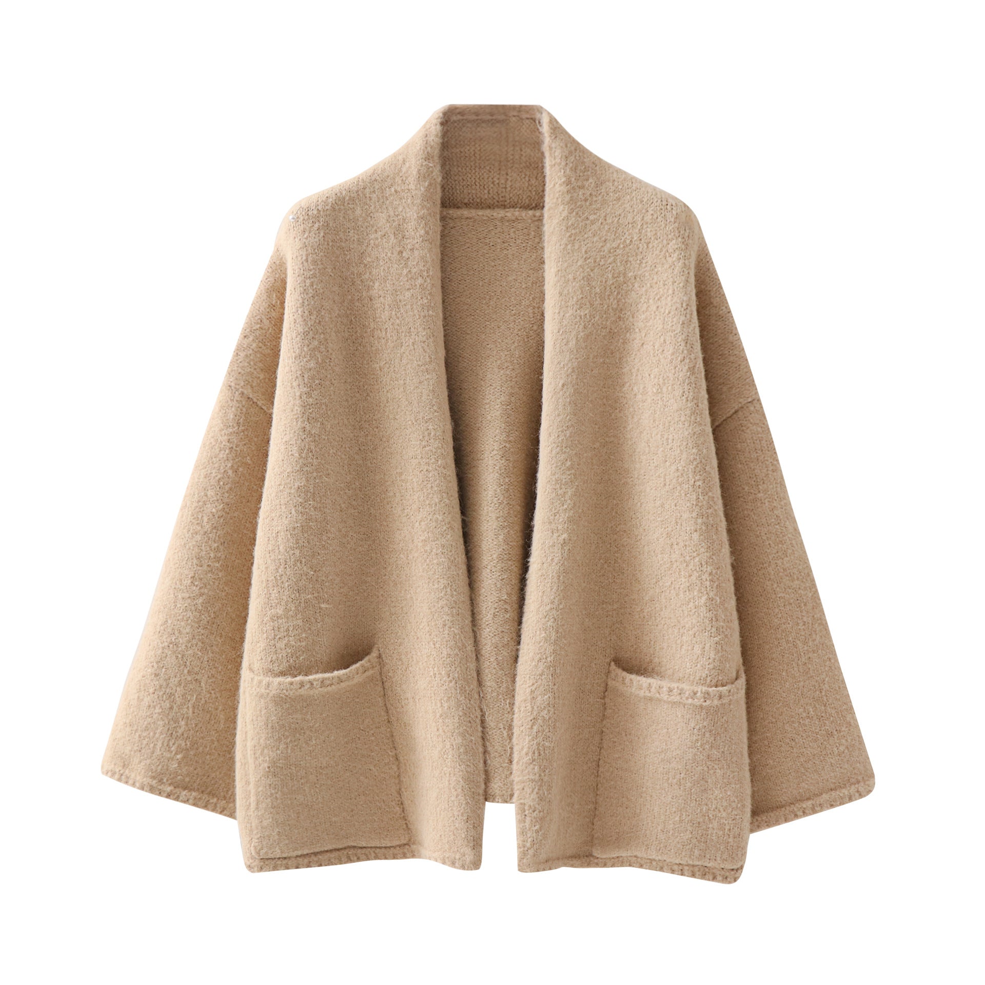 Tan wool cardigan, loose fit, open shawl collar, textured knit, front patch pockets
