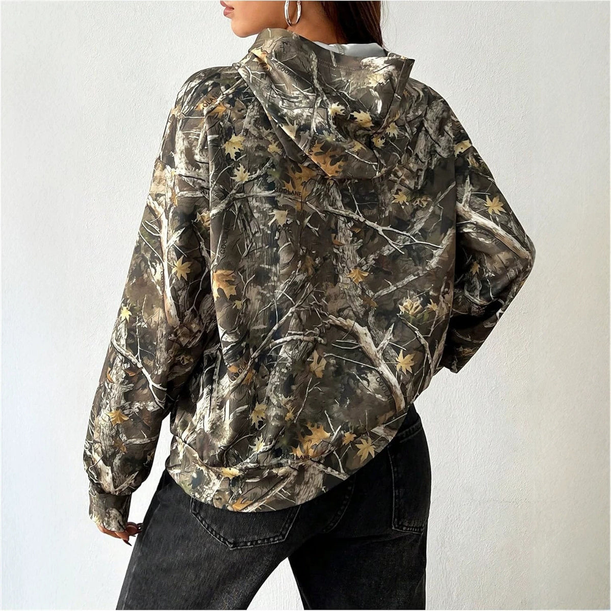 Women’s camouflage hooded sweatshirt, long sleeves, abstract branch print in dark neutrals