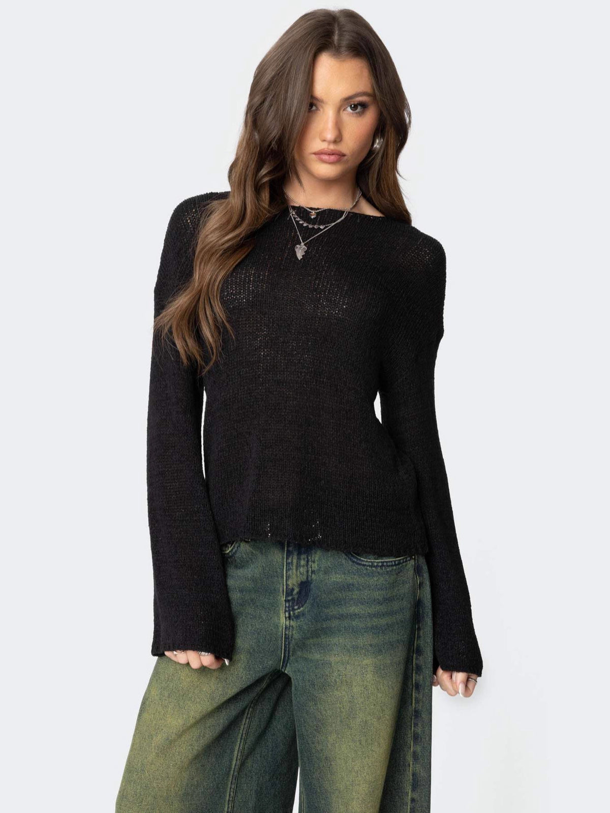 Women’s long-sleeve pullover sweater, black textured knit, round neck
