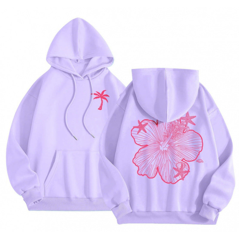 Hibiscus Print Hoodie for Women — Oversized Beach Pullover in Cotton Fleece