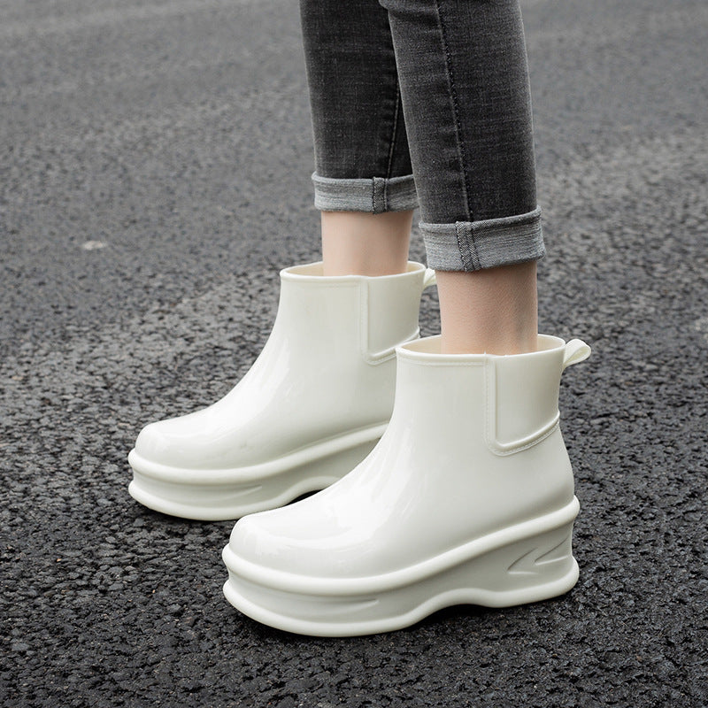 Cream white mid-calf rain boots with low-profile tread and side pull tab detail