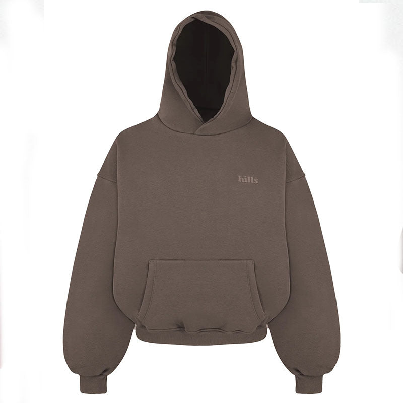 Loose hooded pullover sweatshirt in dark brown with front kangaroo pocket and chest text