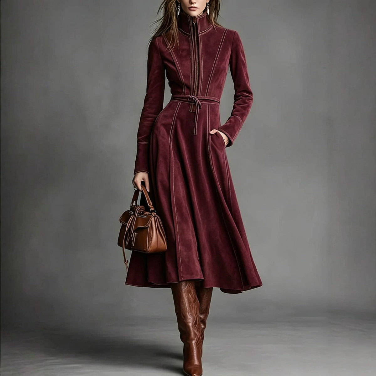 Burgundy stand-collar long-sleeve dress with drawstring waist, pockets, and flared skirt.