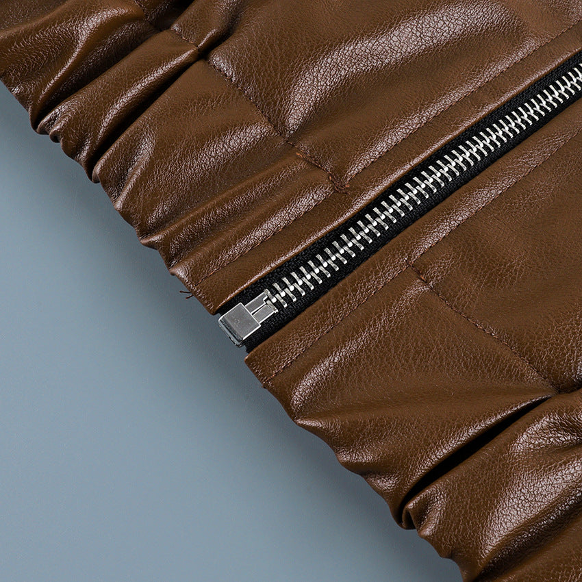 Brown leather jacket sleeve cuff with elastic detail and silver zipper
