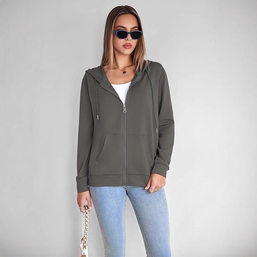 Olive green zip-up hoodie with hood and front kangaroo pocket
