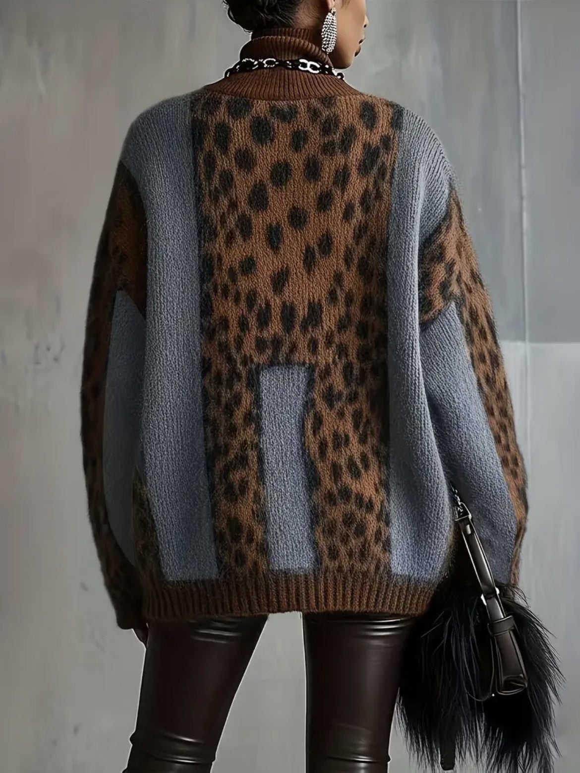 Back view leopard print knit sweater with brown center panel and gray side panels, loose fit