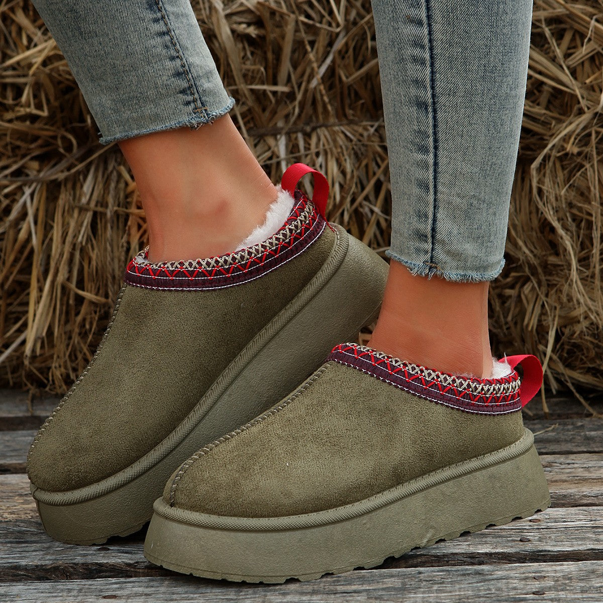 Platform Slippers for Women — Fur Lined Slip On Mules with Embroidered Trim