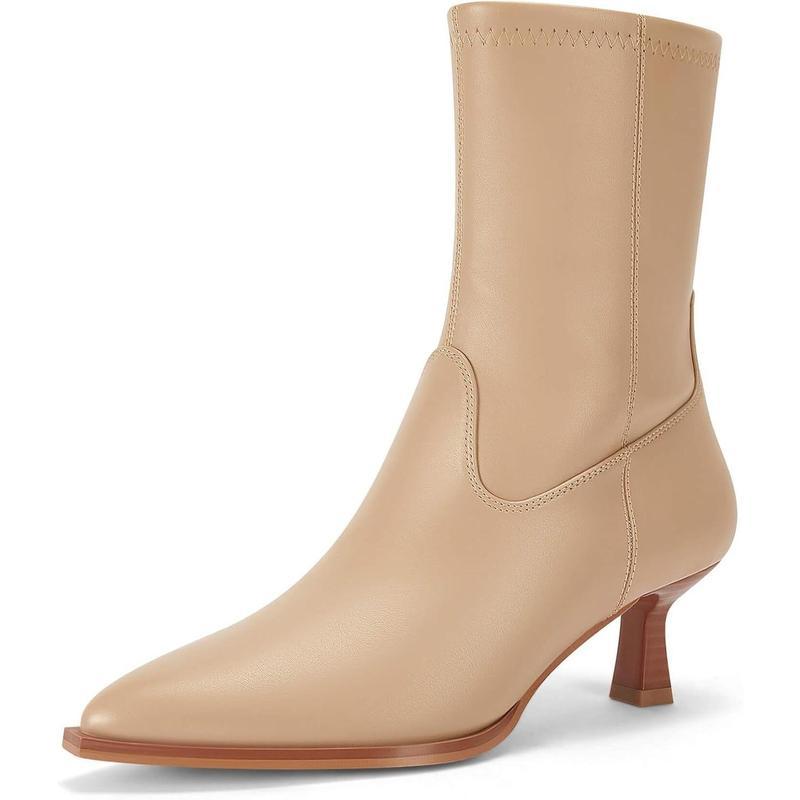 Pointed Toe Ankle Boots for Women — Kitten Heel Sock Fit with Side Zip in Faux Leather