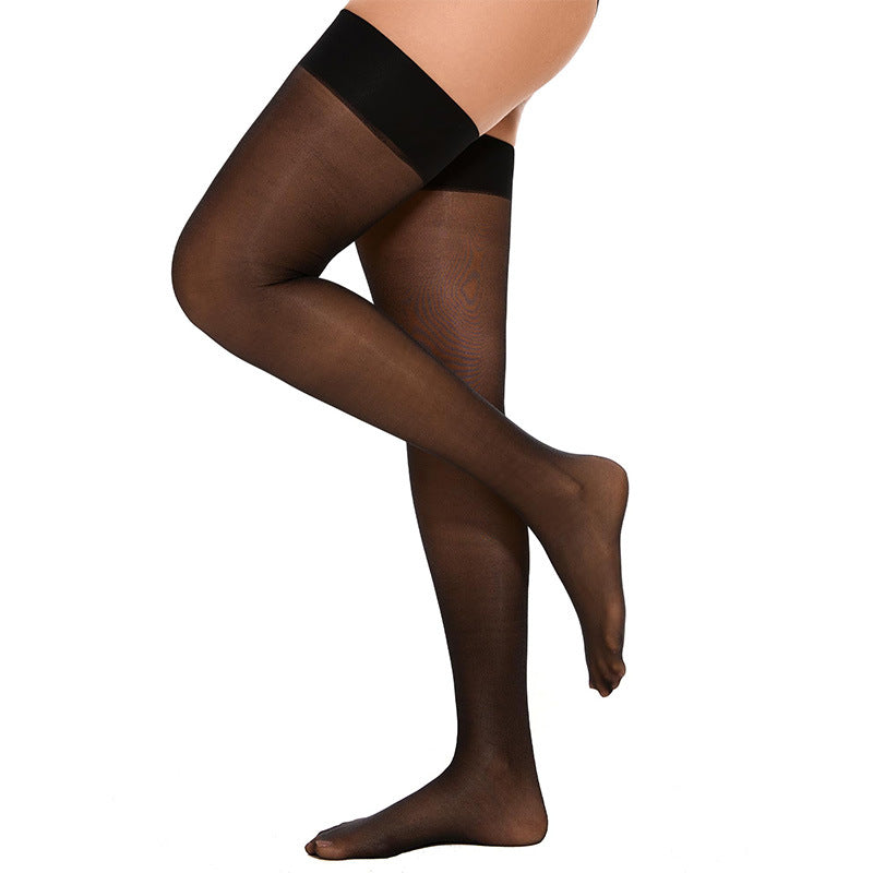 Women's sheer black thigh-high stockings with wide top band