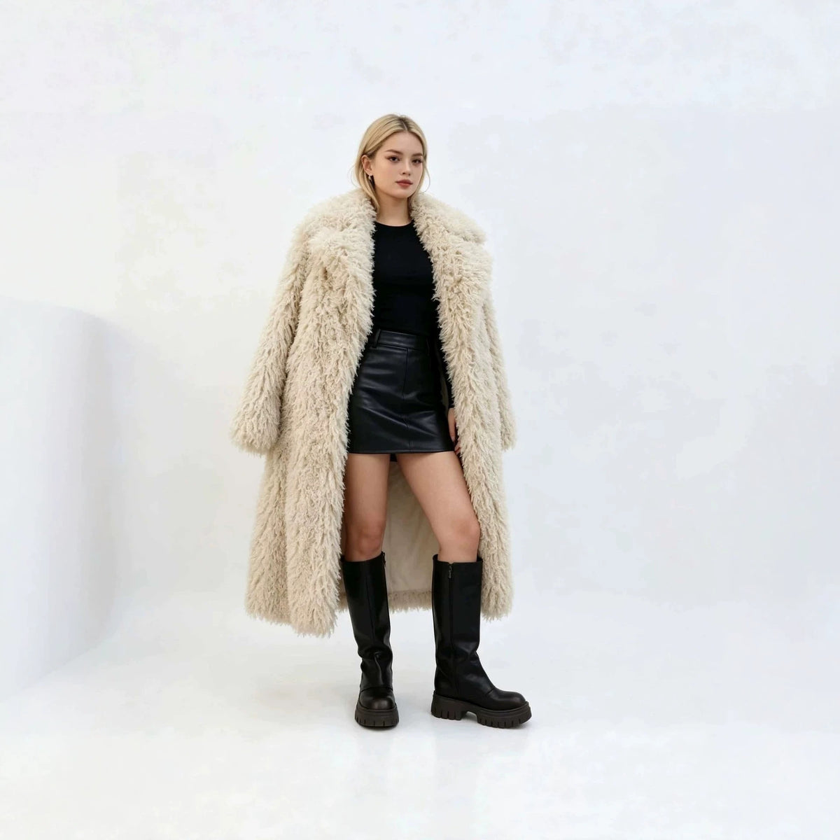 Women’s long faux fur coat, off-white shaggy texture with open front