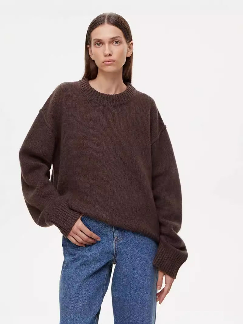 Women's dark brown round-neck knit pullover sweater with ribbed hem and cuffs