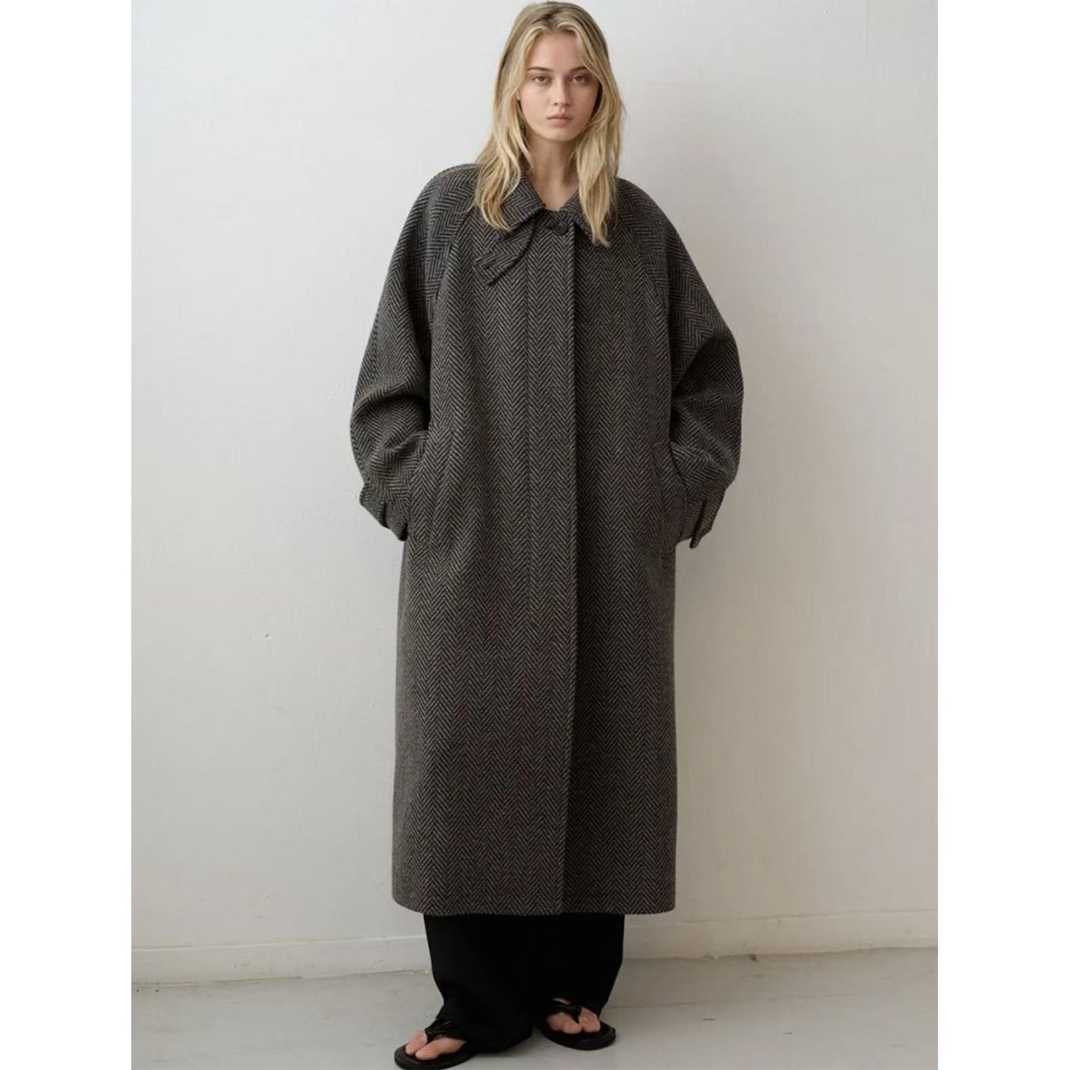 Herringbone Wool Coat for Women — Oversized Long Maxi Overcoat with Dropped Shoulders
