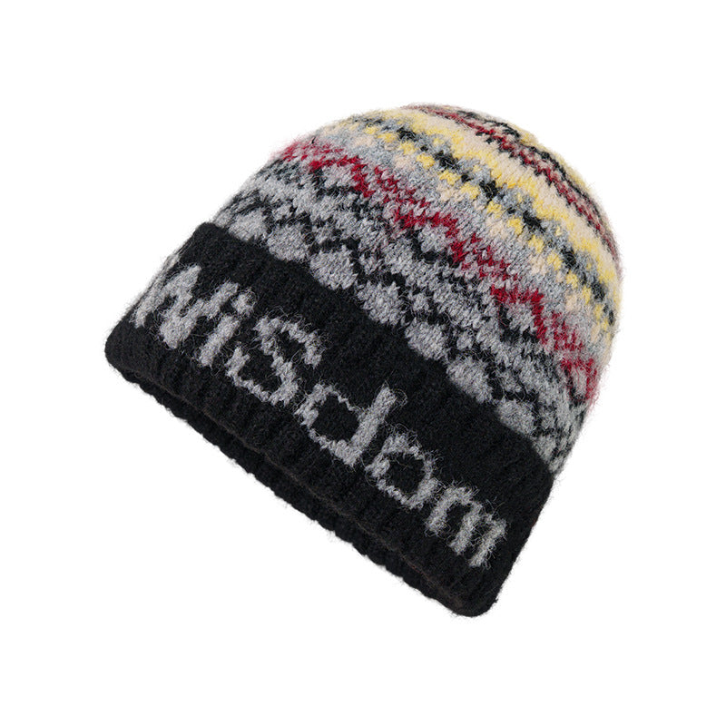 Black knit beanie with multicolor Fair Isle stripes and ribbed cuff