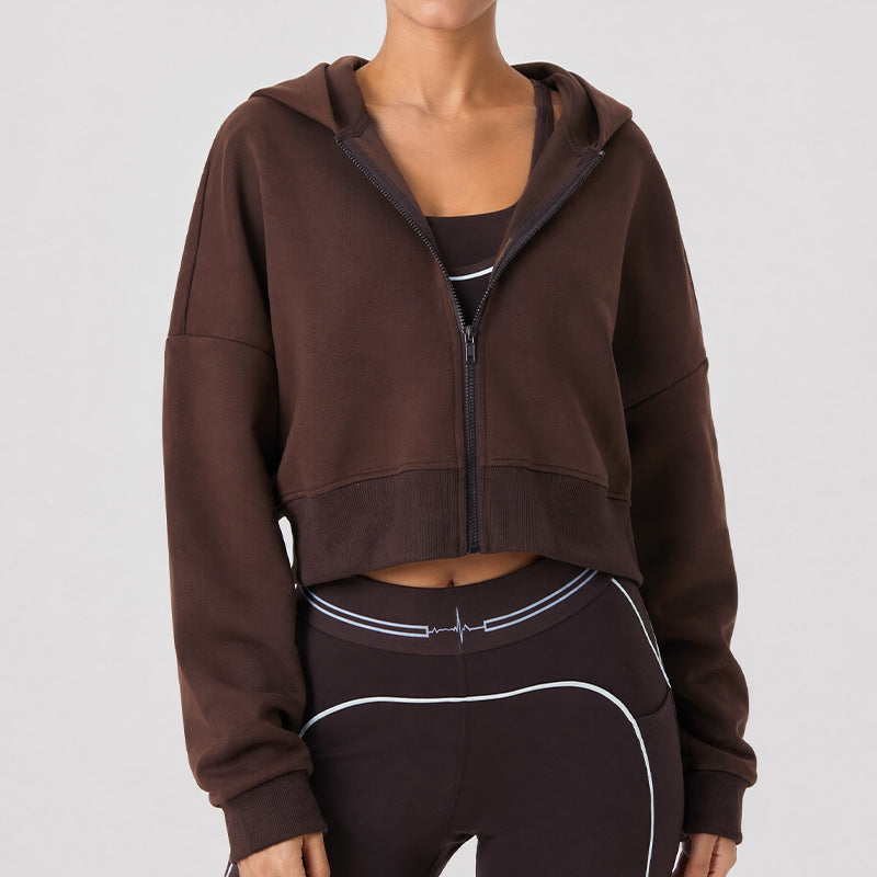 Dark brown zip-up hooded cropped sports jacket with long sleeves and front pockets
