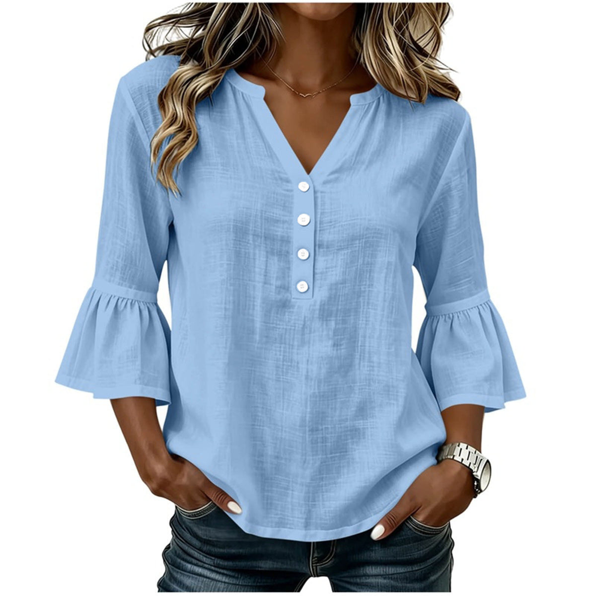 Women's light blue V-neck button-front bell-sleeve blouse, loose fit