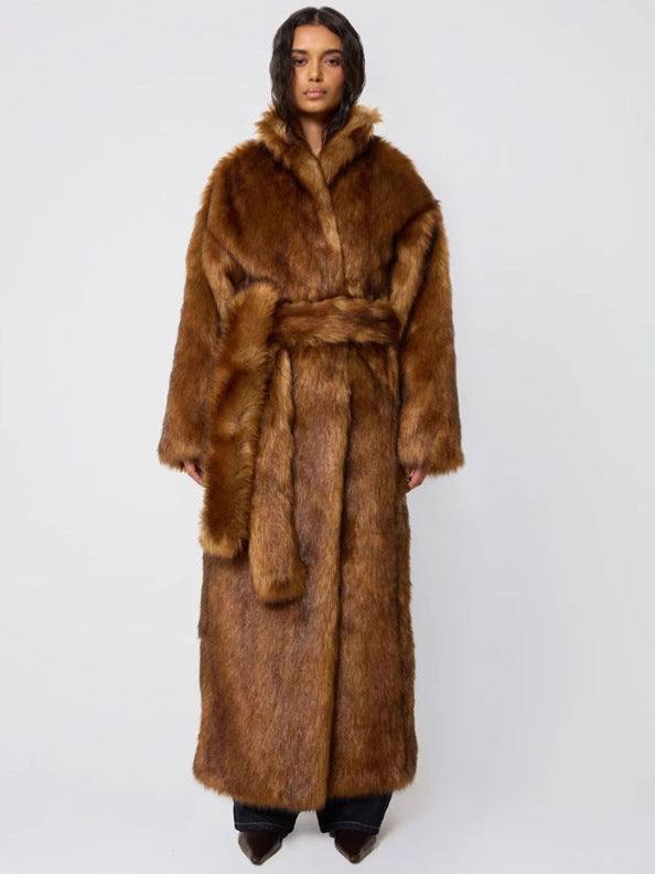 Dark brown faux fur long coat with hood and waist belt, full sleeves